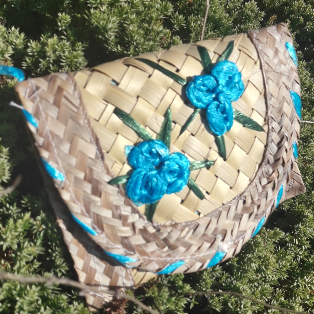 Wicker Wallet Teal Flowers Bamboo Straw Purse Mini Bag Woven Handmade Turquoise